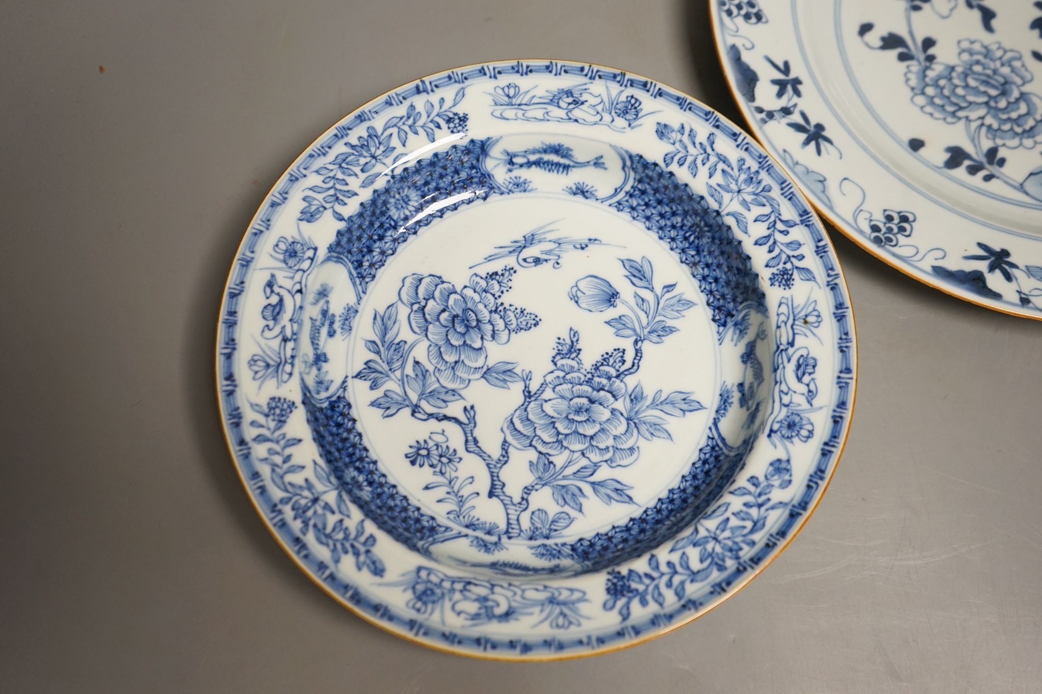 Two 18th century Chinese blue and white plates, largest 29cm diameter